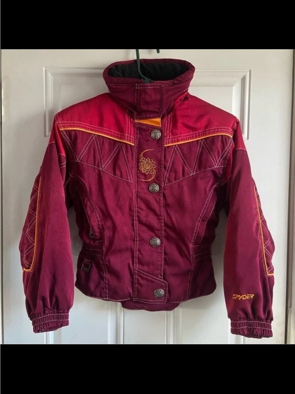 Vintage Spyder Kids Burgundy Ski Jacket with Yellow Gold Trim Size 10